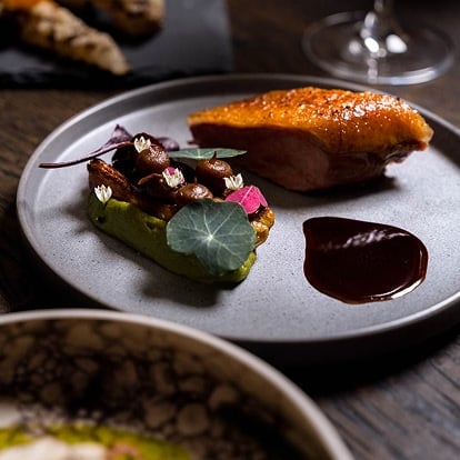 A gourmet dish featuring a piece of roasted red fish, a green puree topped with small vegetables and edible flowers