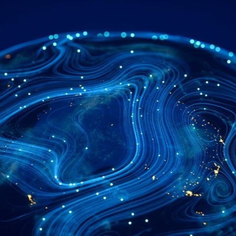 Illustrates the concept of global connectivity and data flow, showing neural-like network connections spanning across a stylized view of Earth