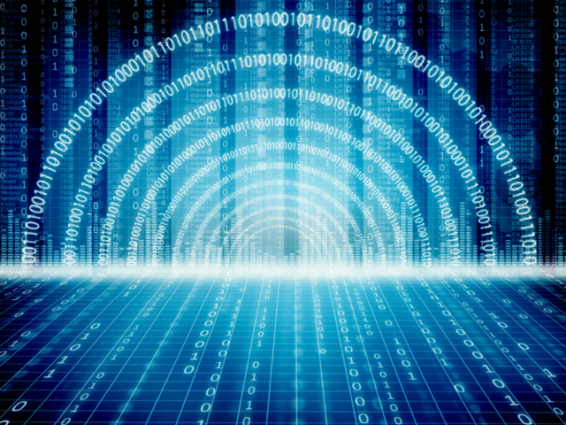 A blue archway over a platform of binary code