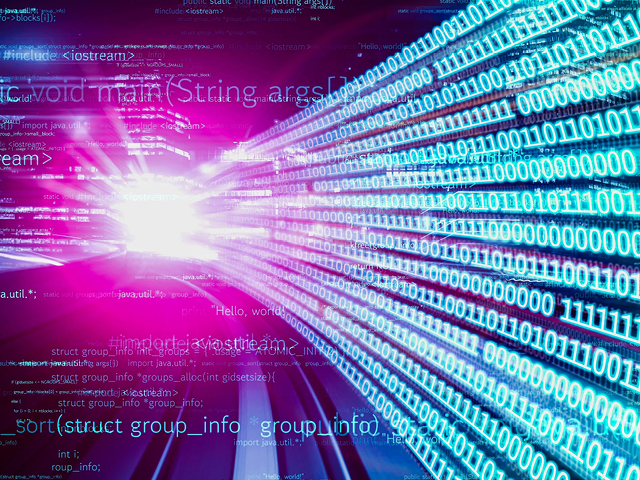 A bight pink light with light blue binary code flying out