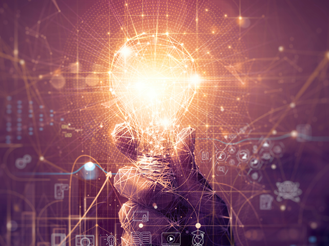 A hand holding a lightbulb with digital numbers and lines streaming out and around it