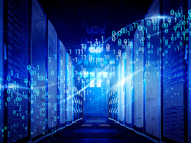 A blue hallway with digital code floating above a door