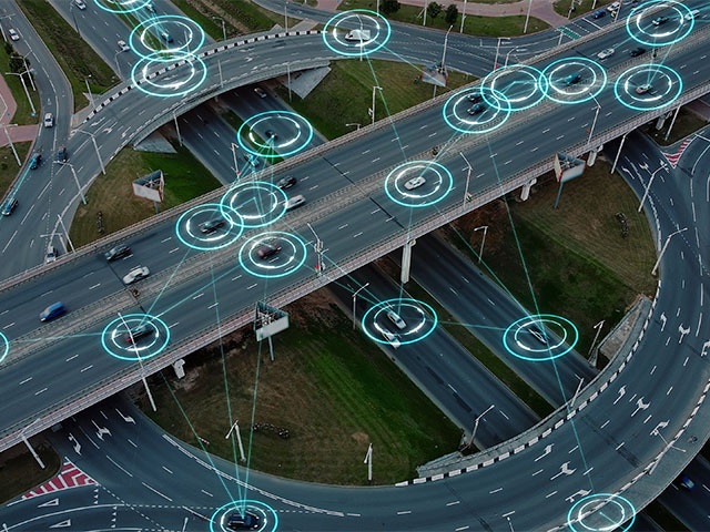 global information services showing location of trucks on highways with circles around them