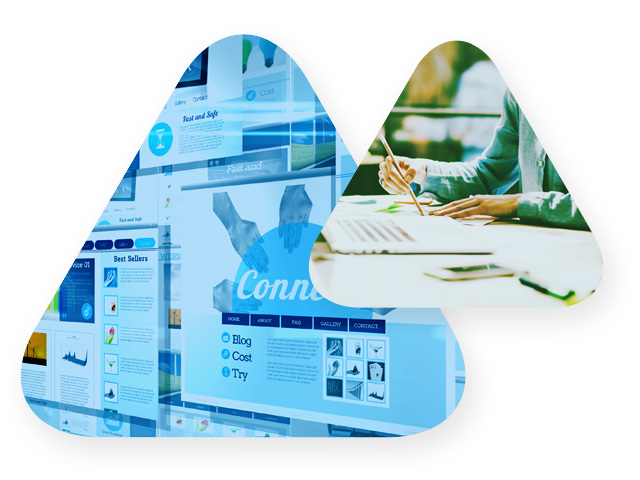 Small triangle with person on laptop and large triangle with screenshots of digital marketing technology applications