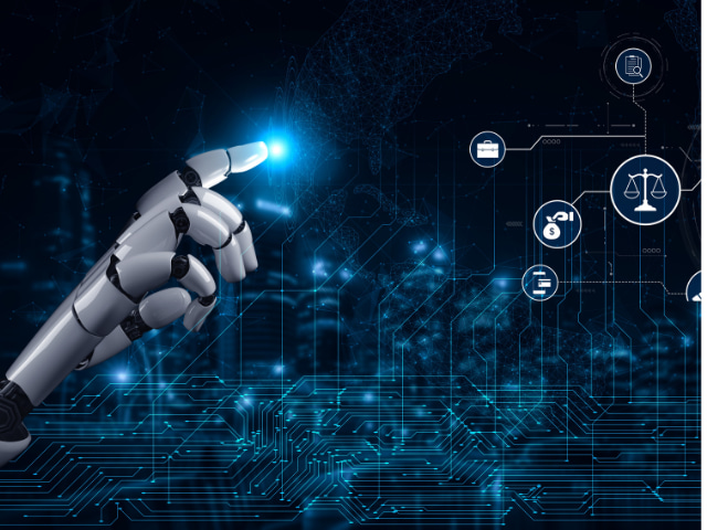 robotic arm pointing at a series of technical nodes
