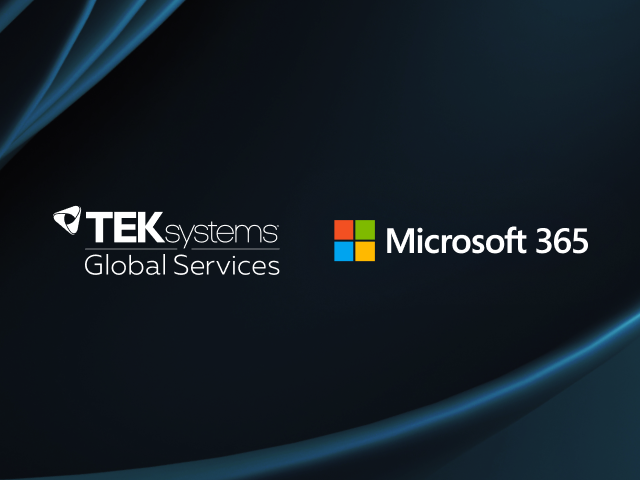 TEKsystems Global Services and Microsoft 365 logo set a top of an abstract dark blue background with smooth, glowing teal light curves sweeping diagonally across the image, creating a soft, modern, and futuristic visual effect.
