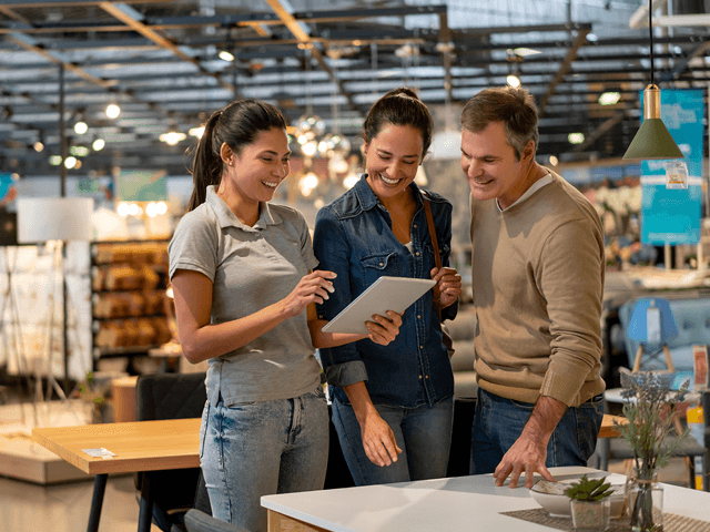 Three employees looking at a tablet while standing in their store