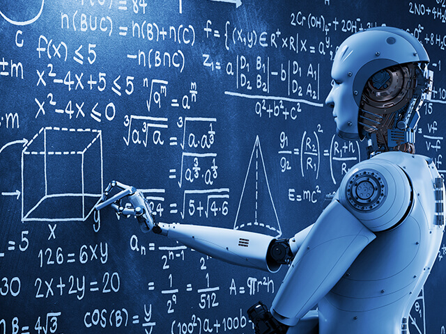 Android using AI to solve complex problems at a blackboard