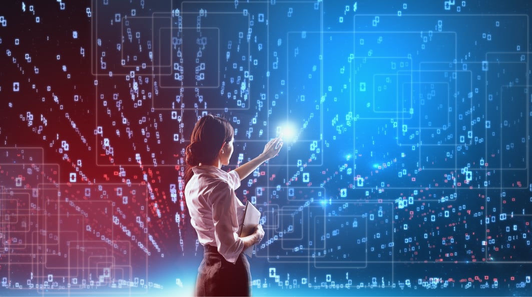 lady on the futuristic background touching a data screen