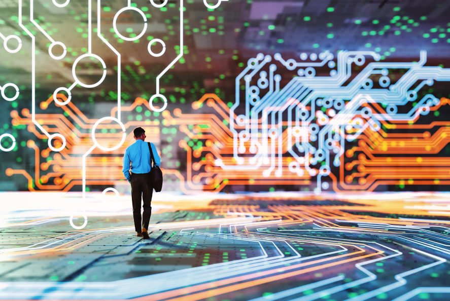 on office person walking on the circuit board