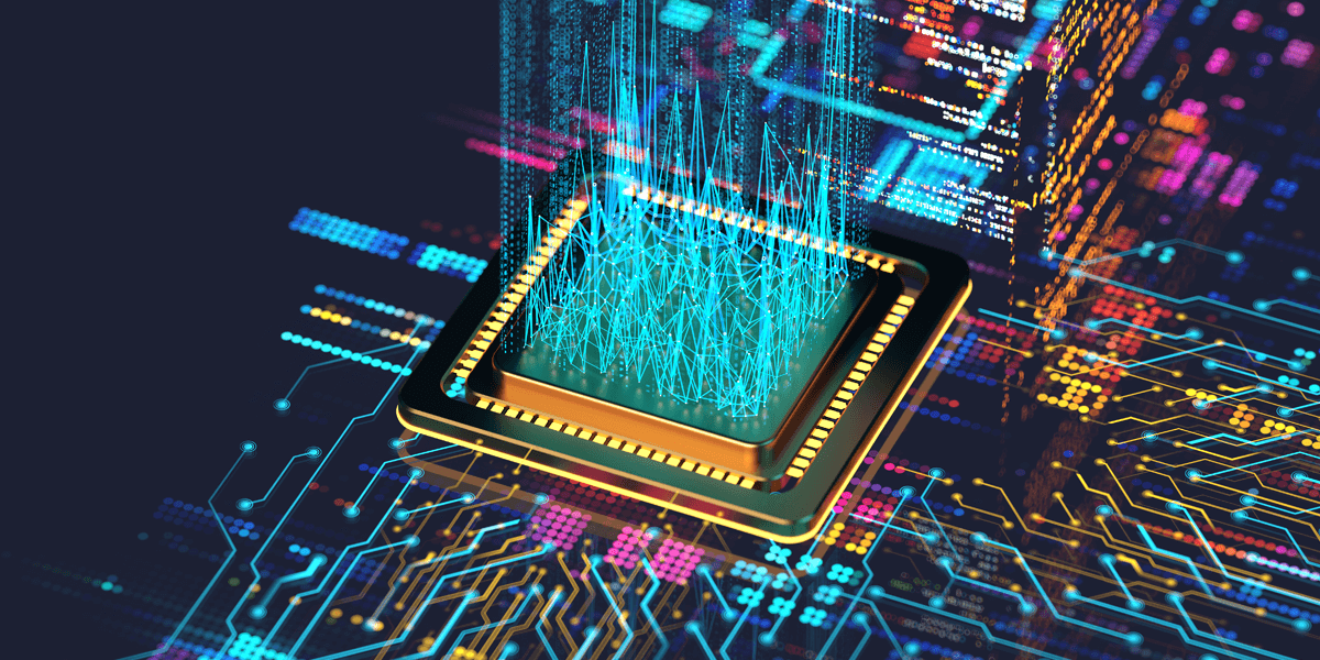 Virtual data transmission futuristic computer technology CPU processor on database circuit board