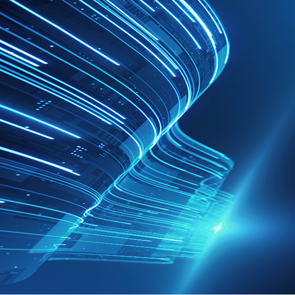 Abstract blue data stream with glowing light trails