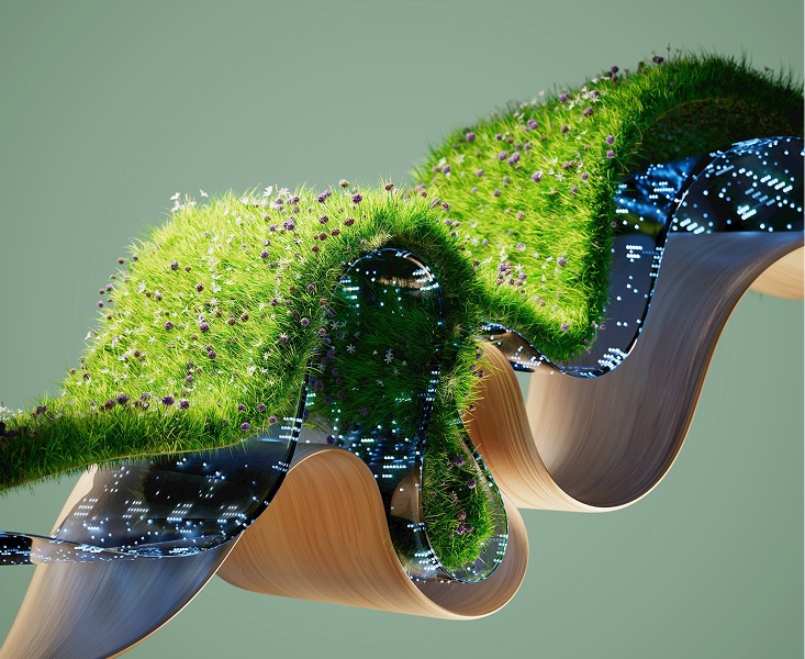Futuristic grassy ribbon with flowers and glowing blue digital patterns on a pale green background.