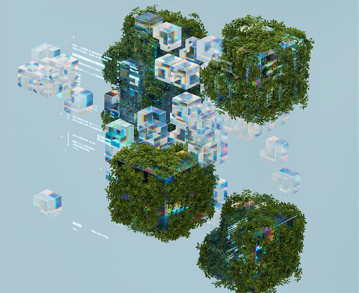 Abstract image showing green, leafy cubes intertwined with transparent, iridescent digital cubes, symbolizing the integration of nature and technology.
