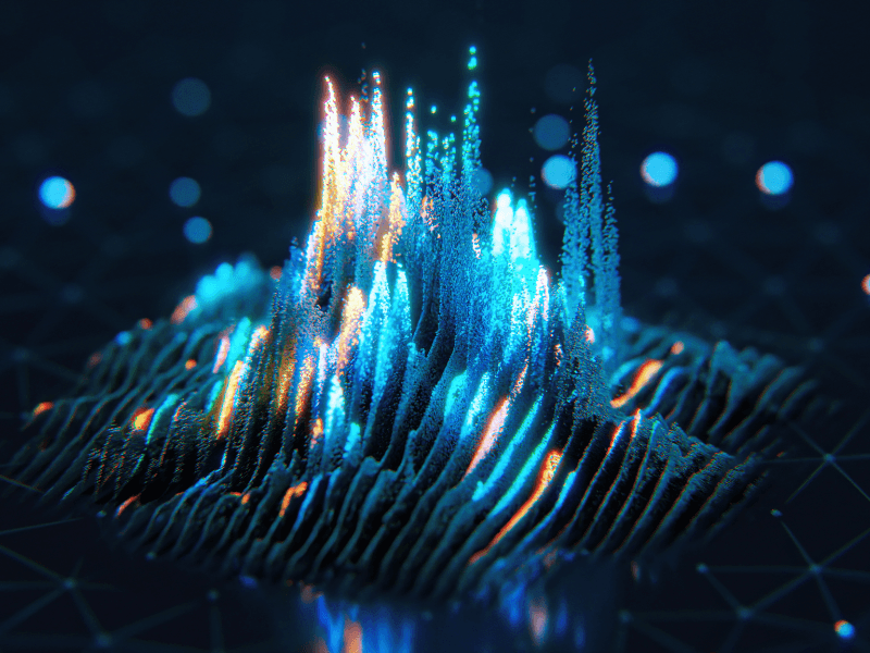 Glowing blue data peaks on a dark digital grid.