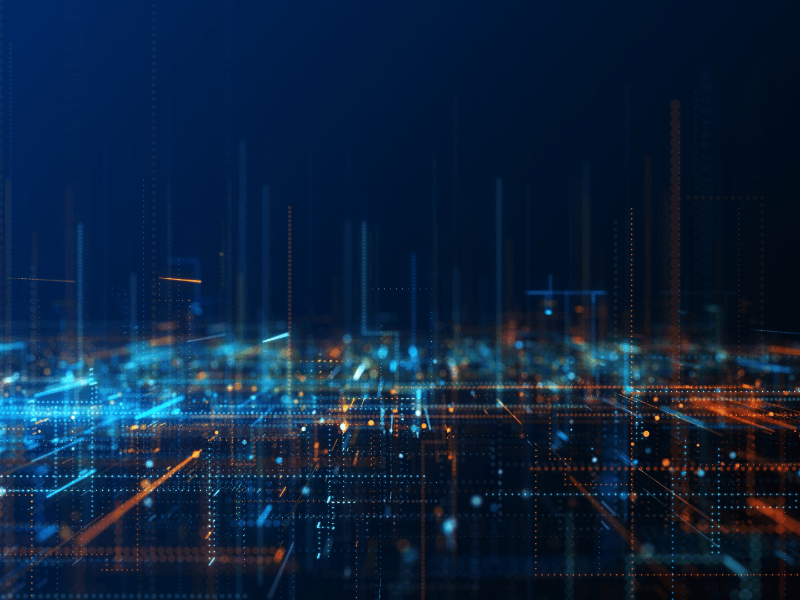 Abstract digital cityscape with glowing blue and orange data lines and lights.
