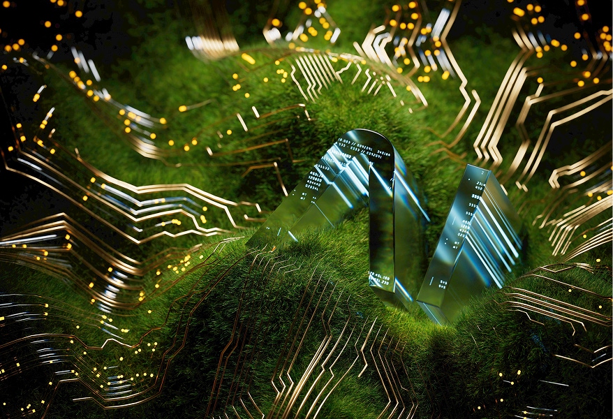 AI ecosystem represented by glowing circuit paths across a mossy landscape.
