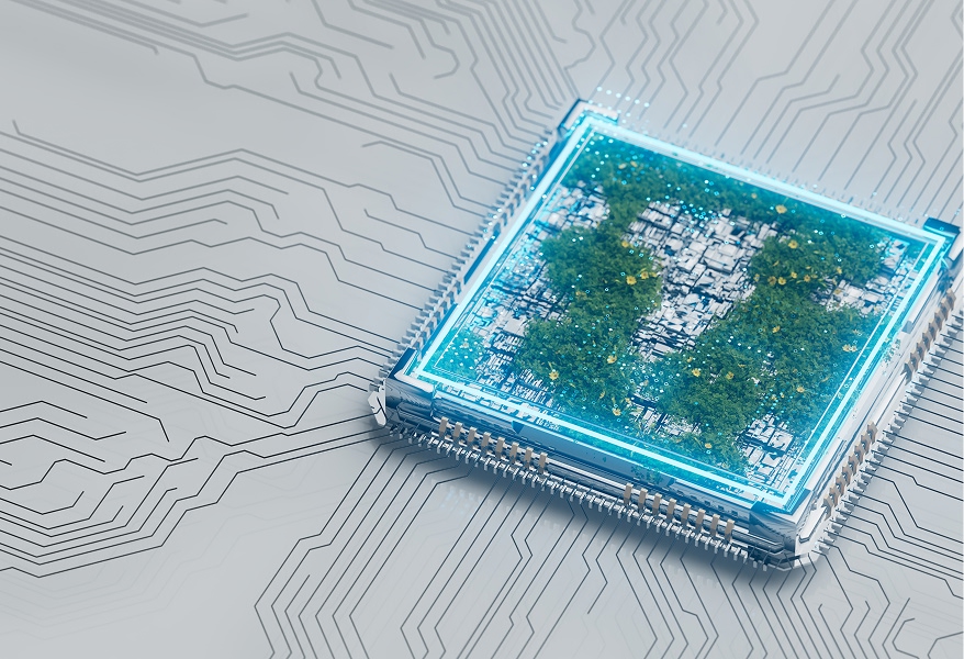 Computer chip with glowing blue edges containing a miniature green forest on a circuit board.