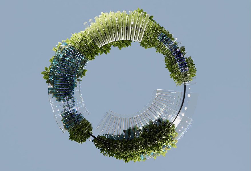 A circular structure viewed from above, composed of alternating sections of green foliage and transparent panels with blue and white accents.