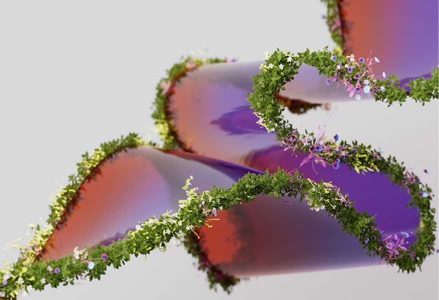 A digital artwork showing a twisting, ribbon-like structure with a gradient of purple and orange hues. The edges of the ribbon are adorned with lush green foliage and small, colorful flowers, symbolizing the integration of nature and technology in an ecosystem.