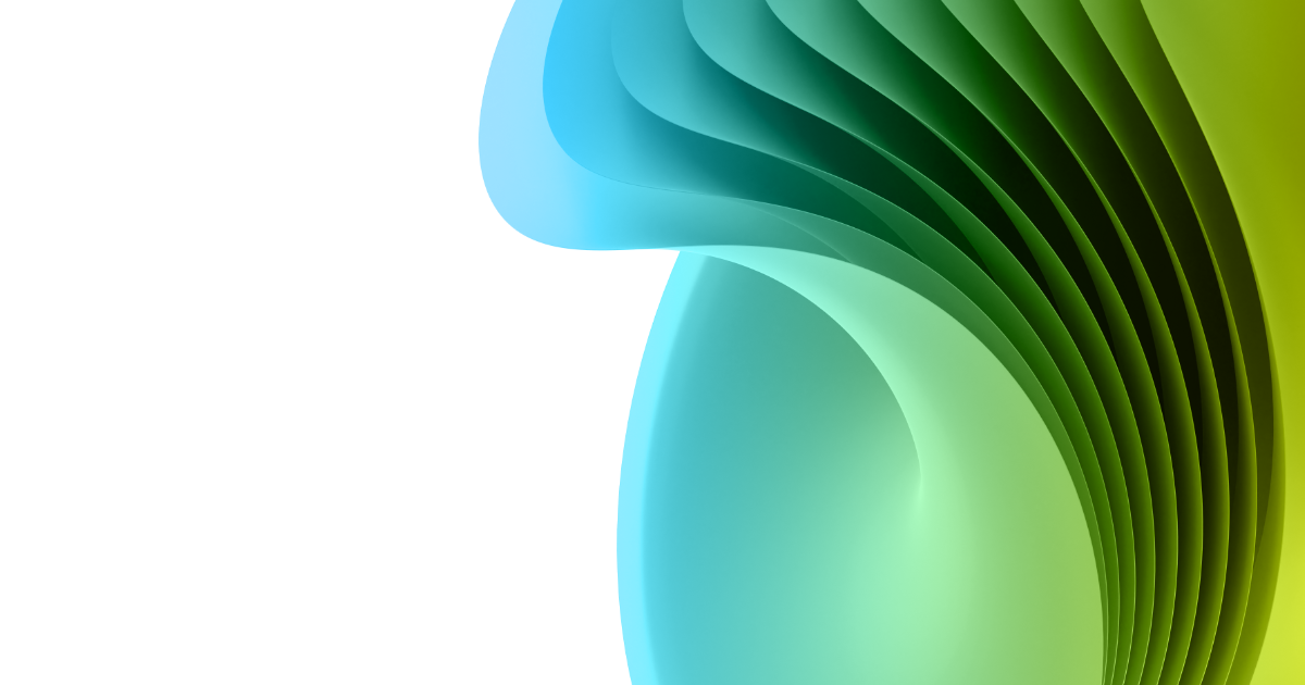 A digital abstract image featuring a series of overlapping, curved layers in shades of green and blue, creating a wave-like pattern. The layers transition smoothly from light green on the left to dark blue on the right.