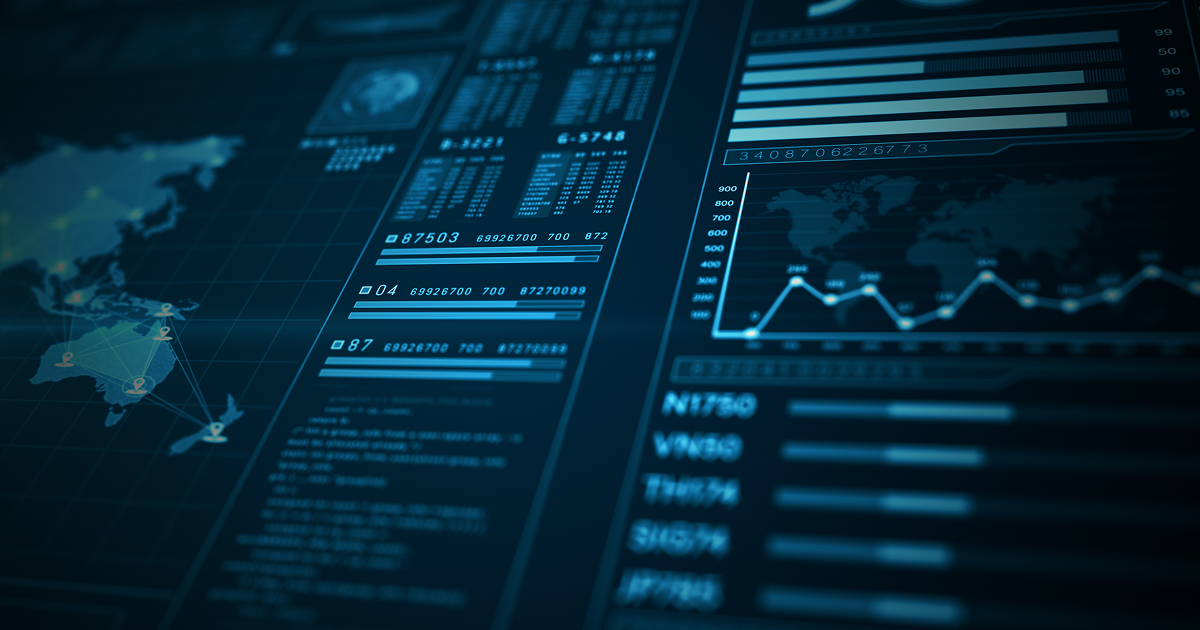 Digital dashboard showing charts and global data on a dark screen.