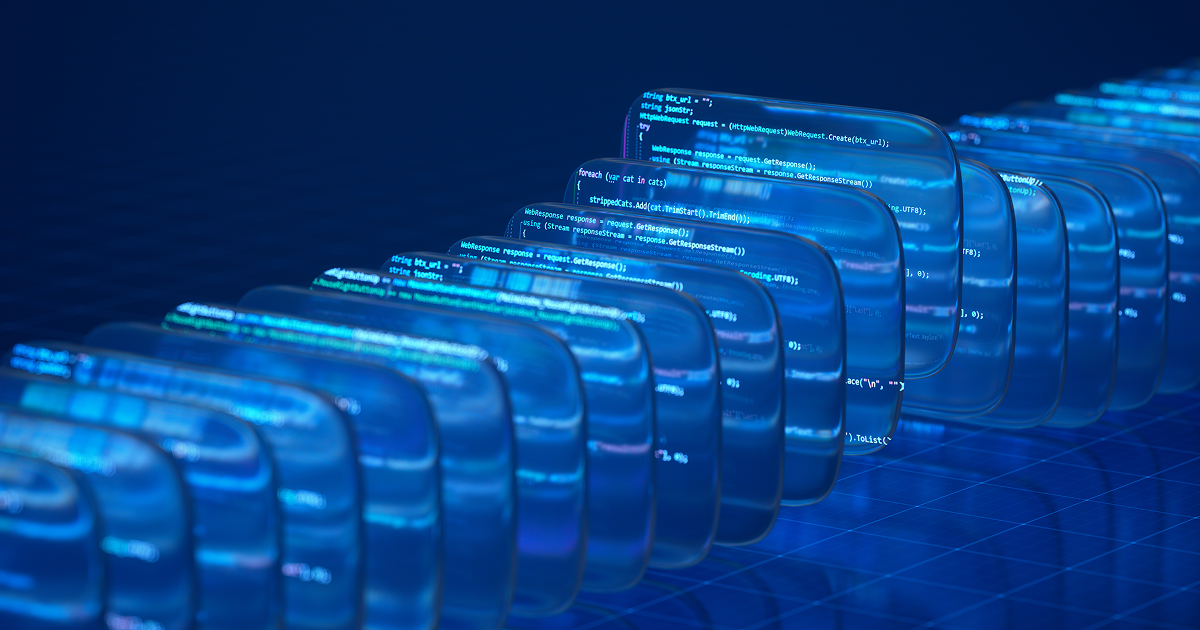 Abstract blue layers of translucent panels showing lines of computer code arranged in perspective