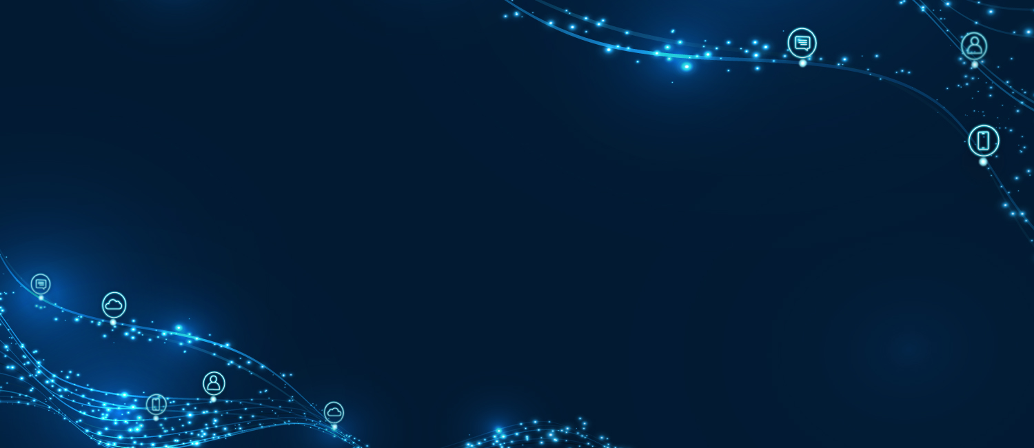Abstract blue background with glowing lines and various technology icons.