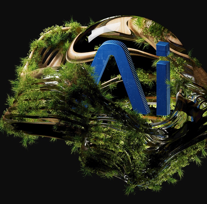 Futuristic AI ecosystem shown as a glossy organic loop covered in greenery, with large blue “AI” letters integrated into the structure.