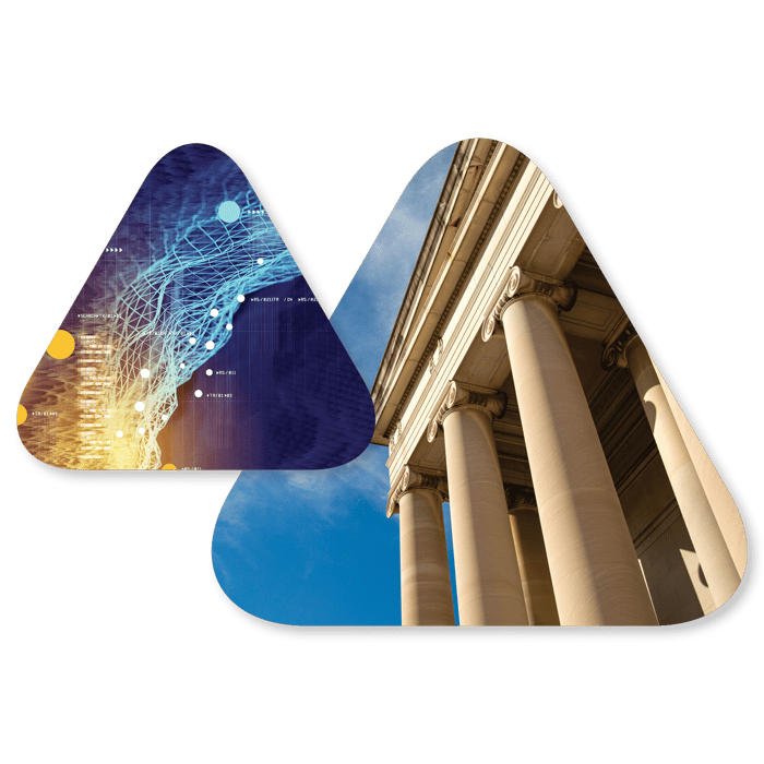 two overlaping triangles, one with digital representation and one showing a government building. 