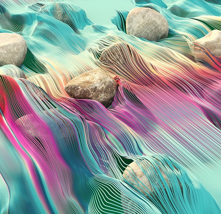 Abstract image showing smooth rocks surrounded by colorful, flowing lines resembling water currents in shades of blue, pink, and yellow.