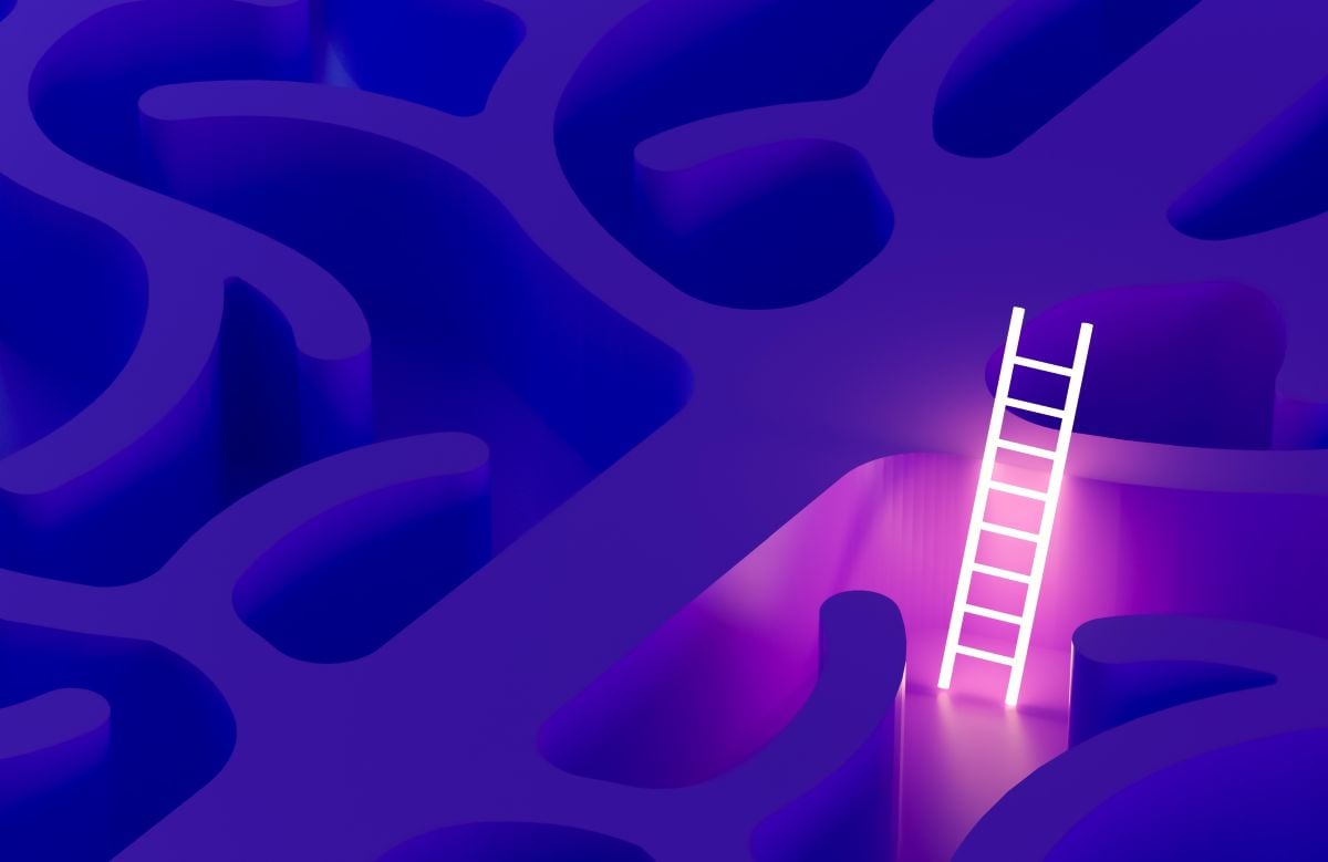 neon colored image of a ladder leading to professional progress