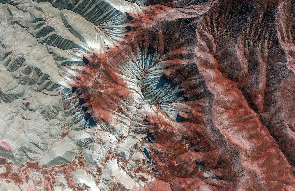 volcanic landscape with dramatic ridges and valleys