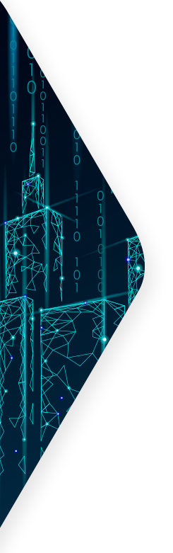 digital illustration of cityscape made up of binary code.