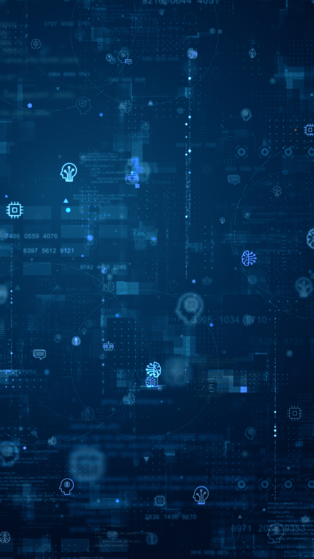 Abstract blue digital background with lines, icons, and data symbols suggesting connected technology.