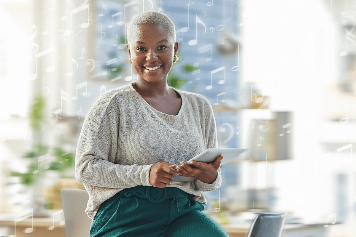 African american woman smiling at camera with white notes overlay