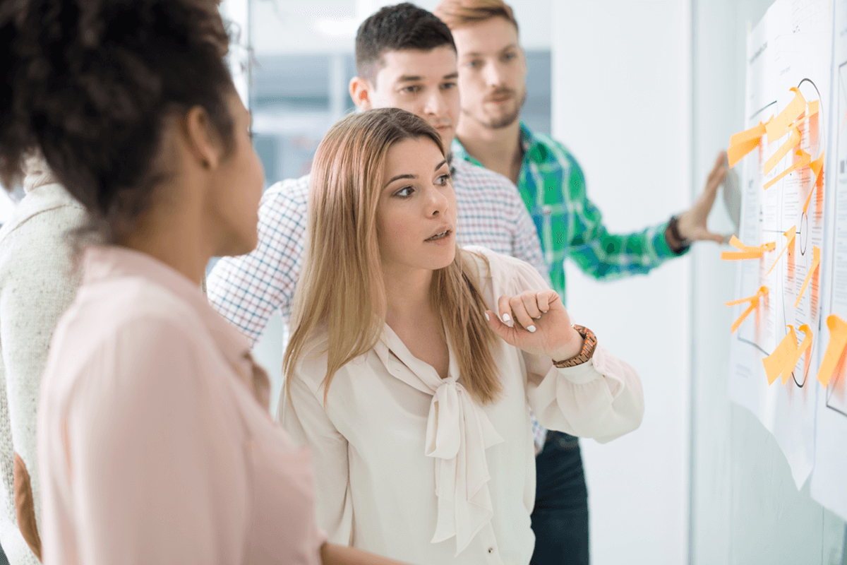 Four colleagues reviewing a whiteboard in a conference room