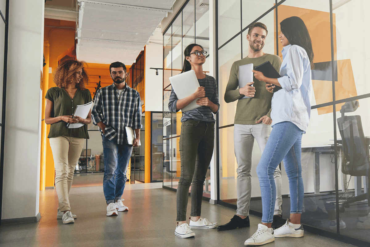 modern office space with bright colors and glass walls