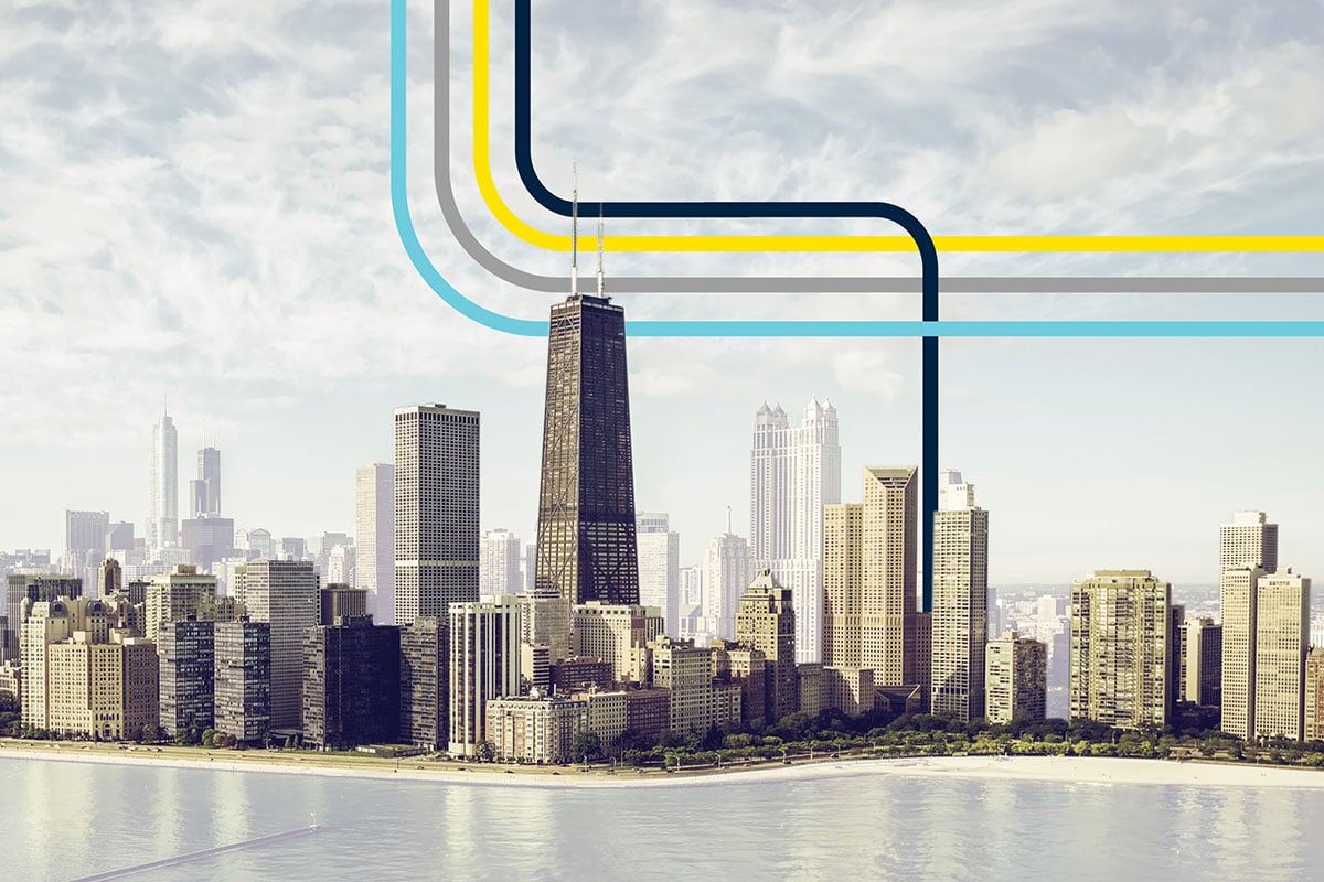 city skyline with paths leading to digital evolution