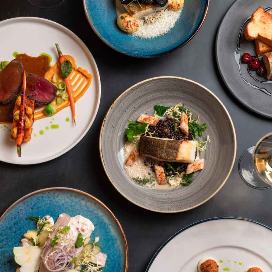A variety of gourmet dishes are arranged on a dark table, including meat, fish, and vegetable dishes, showcasing an elegant and diverse culinary presentation