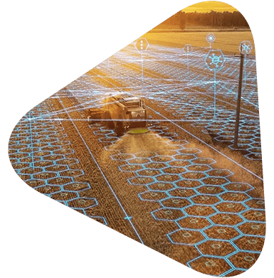 digital pattern overlay in blue on a image of a crop truck driving through a country road