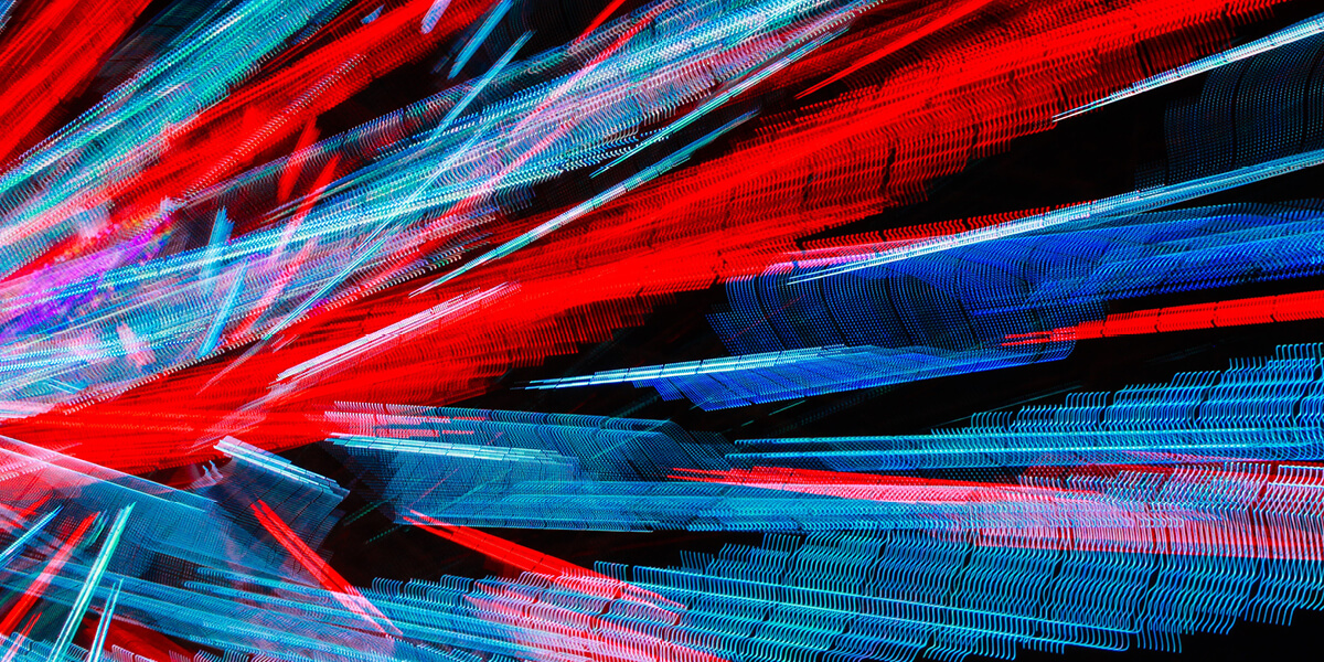 3D Illustration Abstract energy tunnel background of colorful diverging geometric rectangular pillars moving in an upward motion in reds and blues
