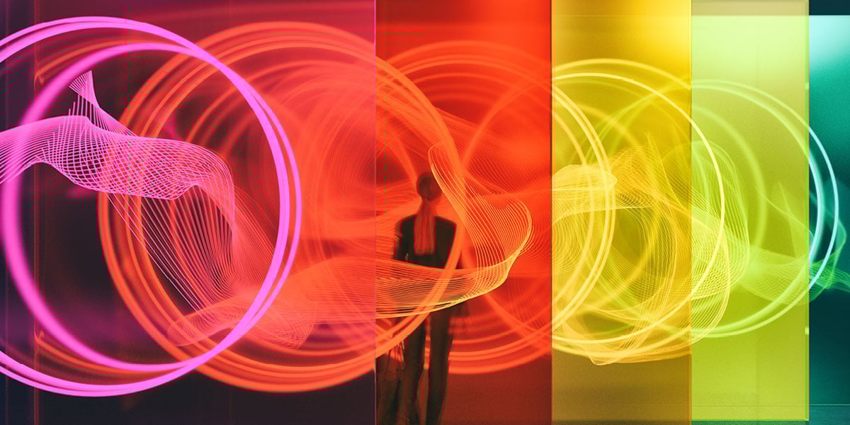a woman with multiple color boxes around her