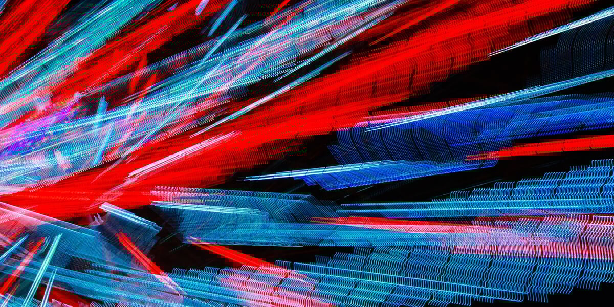 3D Illustration Abstract energy tunnel background of colorful diverging geometric rectangular pillars moving in an upward motion in reds and blues