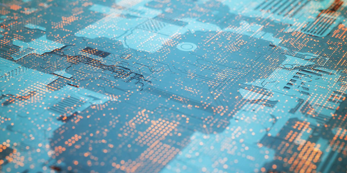 a blue and orange grid symbolizing TEKsystems.sAIge Proprietary Virtual Agent Platform