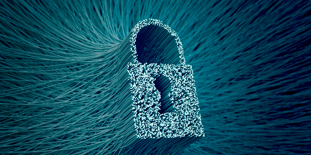 abstract depiction of cybersecurity using digital webing creating the image of a secured lock.
