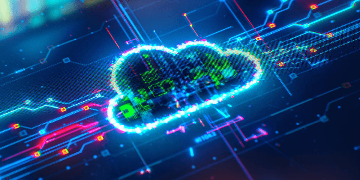 neon cloud image over top of circut board image representing cloud migration 