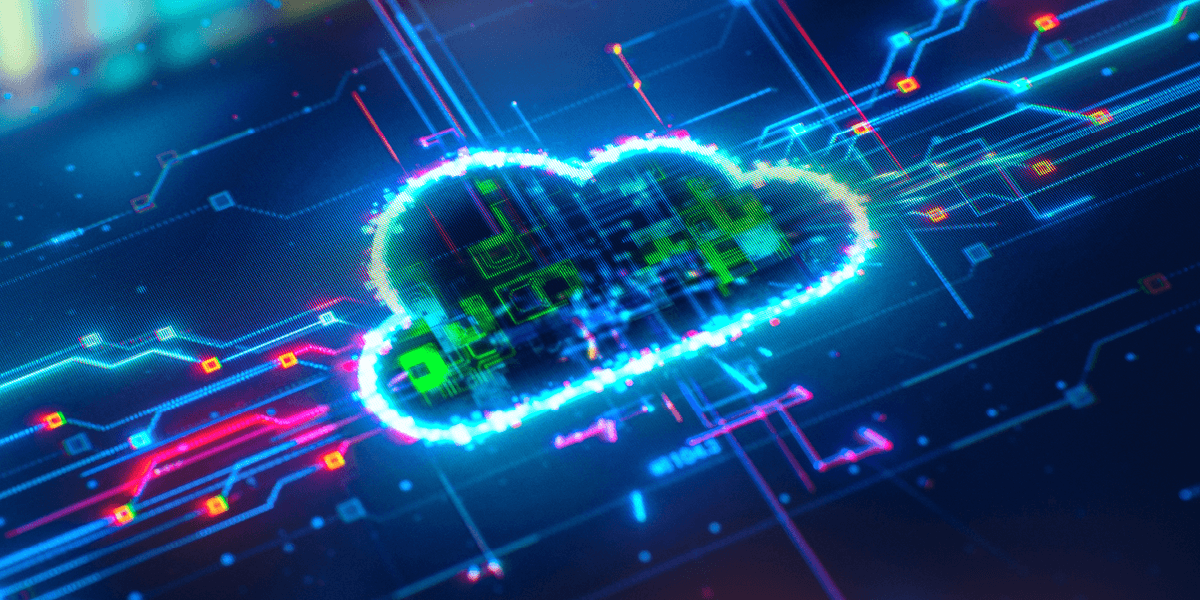 neon cloud image over top of circut board image representing cloud migration