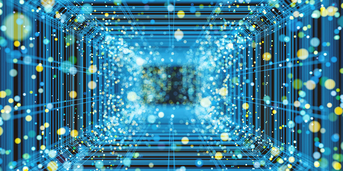blue lines with yellow spots looking down a hallway