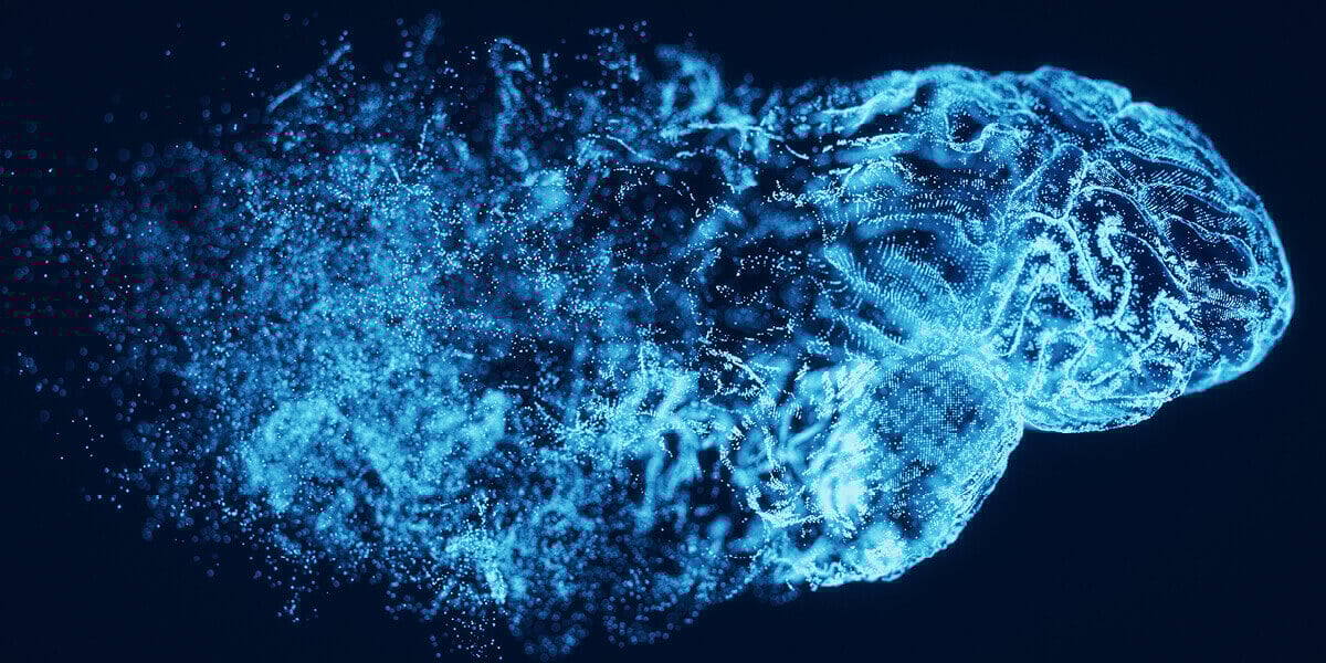 digitized representation of articficial intelligence; neon blue colored brain and brainwaves